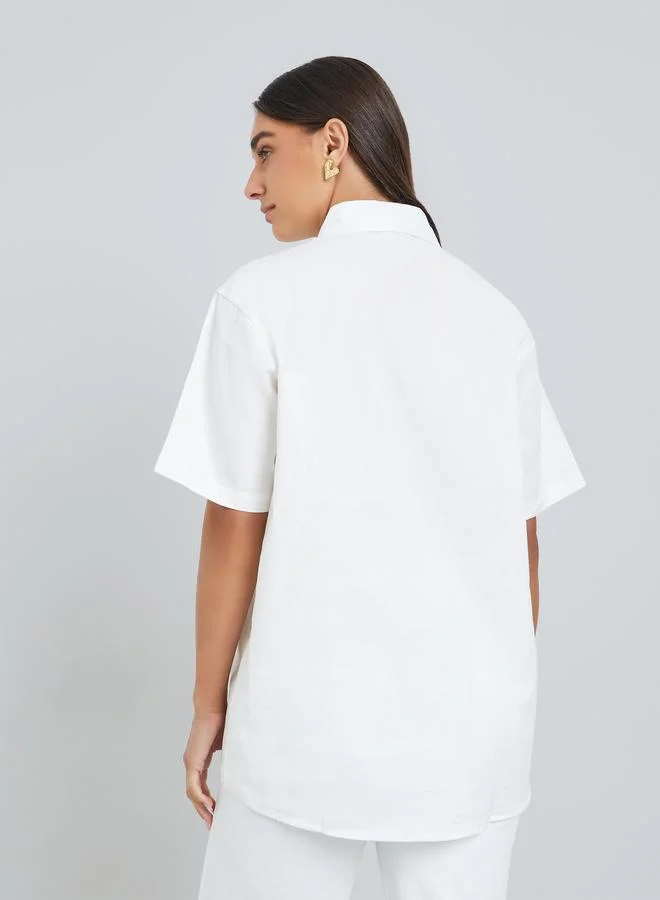 Styli Women White Daisy Embroidered Short Sleeve Shirt